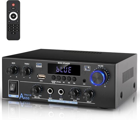 Romica AK55 Stereo Audio Amplifier, 2 Channel 500W Bluetooth 5.0 Home Audio Stereo Receivers with FM, Echo, AUX, USB, SD, MIC, Optical & Coaxial Inputs, AMP for Passive Speakers and Active subwoofer in Saudi Arabia