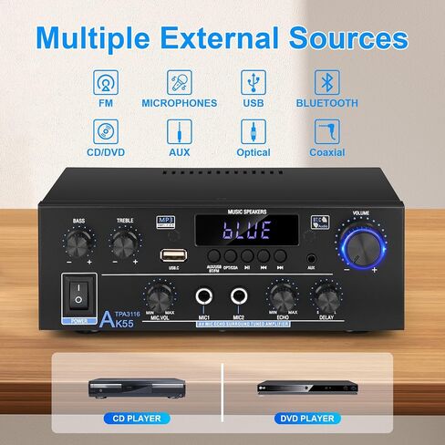 Romica AK55 Stereo Audio Amplifier, 2 Channel 500W Bluetooth 5.0 Home Audio Stereo Receivers with FM, Echo, AUX, USB, SD, MIC, Optical & Coaxial Inputs, AMP for Passive Speakers and Active subwoofer in Saudi Arabia