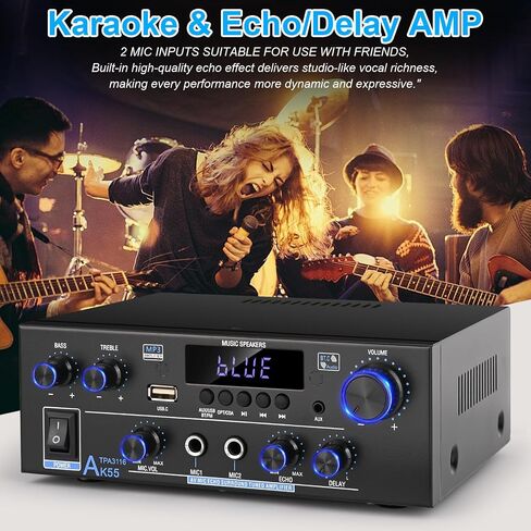 Romica AK55 Stereo Audio Amplifier, 2 Channel 500W Bluetooth 5.0 Home Audio Stereo Receivers with FM, Echo, AUX, USB, SD, MIC, Optical & Coaxial Inputs, AMP for Passive Speakers and Active subwoofer in Saudi Arabia
