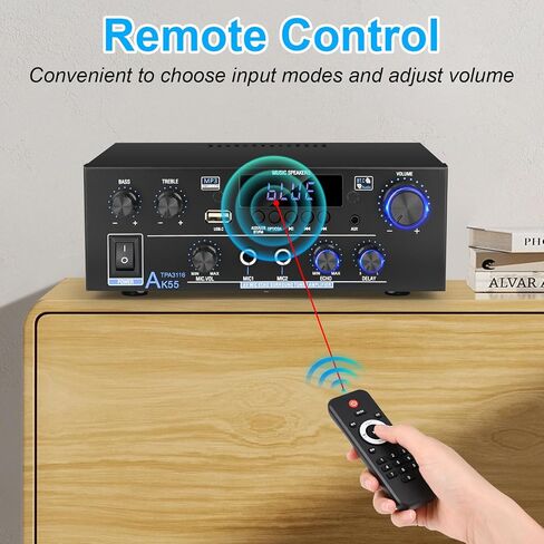Romica AK55 Stereo Audio Amplifier, 2 Channel 500W Bluetooth 5.0 Home Audio Stereo Receivers with FM, Echo, AUX, USB, SD, MIC, Optical & Coaxial Inputs, AMP for Passive Speakers and Active subwoofer in Saudi Arabia