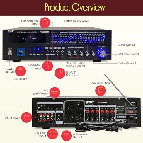 Pyle Bluetooth Hybrid Home Amplifier - 6-Channel 2000W Rack Mount Power Amplifier Receiver w/ Radio - Dual 10 Band EQ, Karaoke Microphone x2, USB, RCA, COAX, OPT, DVD Inputs, HiDef Input and Output in Kuwait