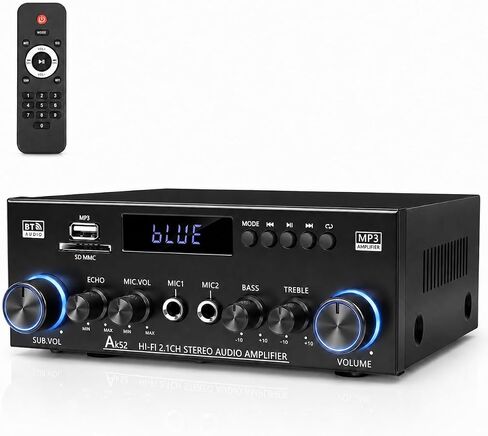Bluetooth 5.0 Stereo Amplifier, 2.1 Channel 400W Home Audio Stereo Receiver for 2 Passive Speakers & Passive Subwoofer, Dual Mic Inputs, USB/SD/FM, Bass Treble Echo Control, Remote Control in Kuwait