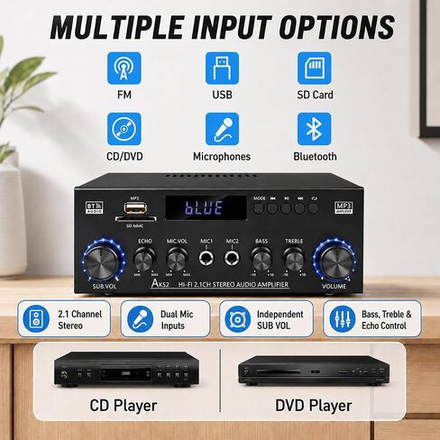 Bluetooth 5.0 Stereo Amplifier, 2.1 Channel 400W Home Audio Stereo Receiver for 2 Passive Speakers & Passive Subwoofer, Dual Mic Inputs, USB/SD/FM, Bass Treble Echo Control, Remote Control in Kuwait