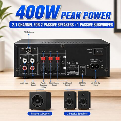 Bluetooth 5.0 Stereo Amplifier, 2.1 Channel 400W Home Audio Stereo Receiver for 2 Passive Speakers & Passive Subwoofer, Dual Mic Inputs, USB/SD/FM, Bass Treble Echo Control, Remote Control in Kuwait