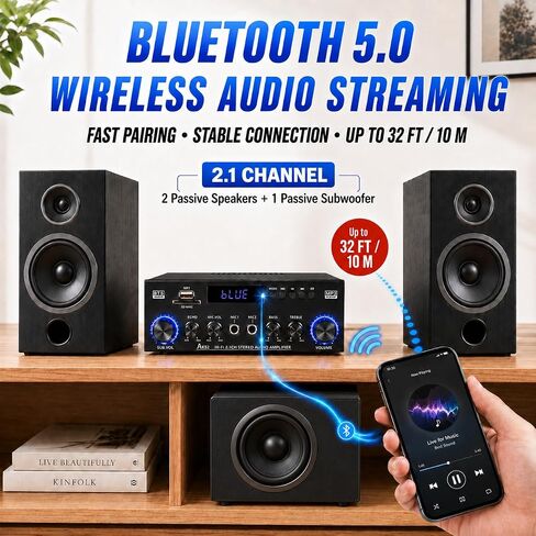 Bluetooth 5.0 Stereo Amplifier, 2.1 Channel 400W Home Audio Stereo Receiver for 2 Passive Speakers & Passive Subwoofer, Dual Mic Inputs, USB/SD/FM, Bass Treble Echo Control, Remote Control in Kuwait
