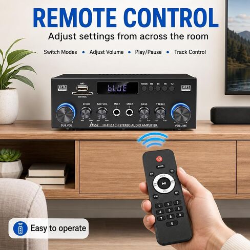 Bluetooth 5.0 Stereo Amplifier, 2.1 Channel 400W Home Audio Stereo Receiver for 2 Passive Speakers & Passive Subwoofer, Dual Mic Inputs, USB/SD/FM, Bass Treble Echo Control, Remote Control in Kuwait