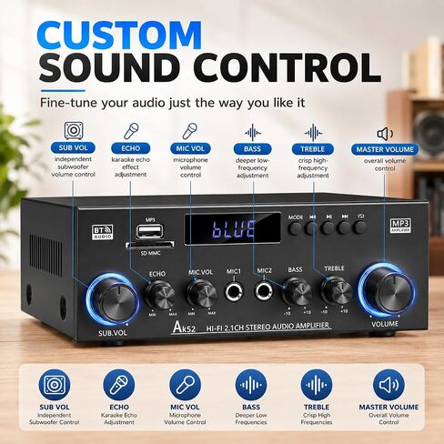 Bluetooth 5.0 Stereo Amplifier, 2.1 Channel 400W Home Audio Stereo Receiver for 2 Passive Speakers & Passive Subwoofer, Dual Mic Inputs, USB/SD/FM, Bass Treble Echo Control, Remote Control in Kuwait