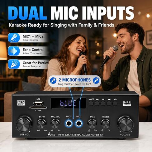 Bluetooth 5.0 Stereo Amplifier, 2.1 Channel 400W Home Audio Stereo Receiver for 2 Passive Speakers & Passive Subwoofer, Dual Mic Inputs, USB/SD/FM, Bass Treble Echo Control, Remote Control in Kuwait