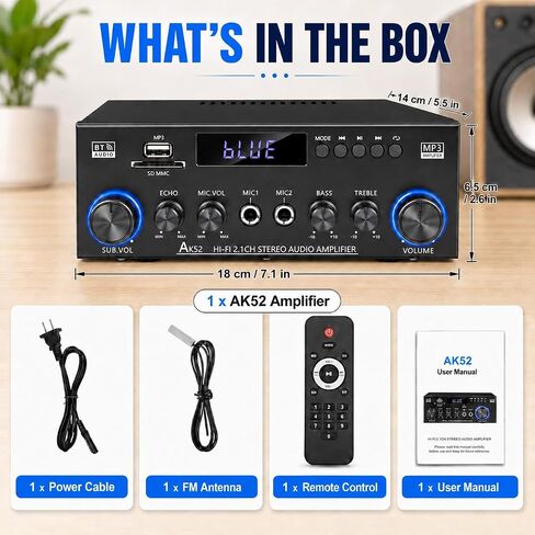 Bluetooth 5.0 Stereo Amplifier, 2.1 Channel 400W Home Audio Stereo Receiver for 2 Passive Speakers & Passive Subwoofer, Dual Mic Inputs, USB/SD/FM, Bass Treble Echo Control, Remote Control in Kuwait