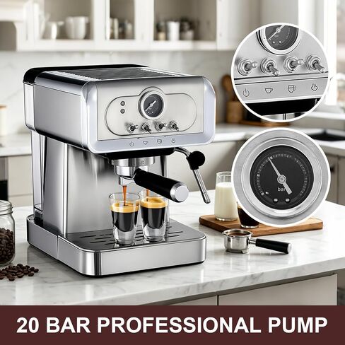 Espresso machine 20 Bar, Espresso Maker with Powerful Steam Milk Frother, Stainless Steel Coffee Machine with Fast Heating System for Latte, Cappuccino in Saudi Arabia