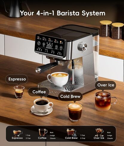 ecozy 4-in-1 Espresso Machine and Coffee Maker Combo with Milk Frother | Cold Brew & Over Ice, Interactive Touch Screen, Stainless Steel, Brezzano Elite Series for Lattes, Americanos in Saudi Arabia