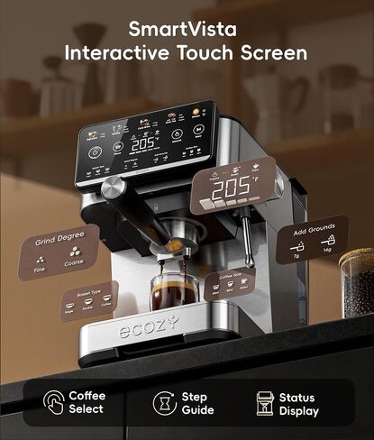 ecozy 4-in-1 Espresso Machine and Coffee Maker Combo with Milk Frother | Cold Brew & Over Ice, Interactive Touch Screen, Stainless Steel, Brezzano Elite Series for Lattes, Americanos in Saudi Arabia