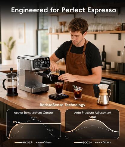 ecozy 4-in-1 Espresso Machine and Coffee Maker Combo with Milk Frother | Cold Brew & Over Ice, Interactive Touch Screen, Stainless Steel, Brezzano Elite Series for Lattes, Americanos in Saudi Arabia
