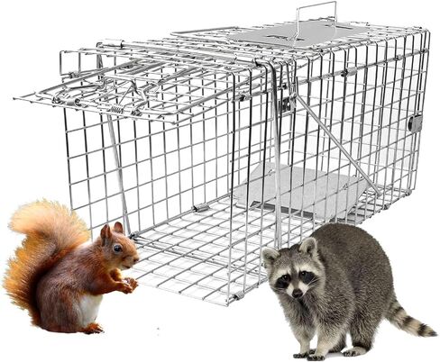 Live Animal Cage Trap, 24" x 7" x 8" Humane Squirrel Trap, Silver | Galvanized Iron, Easy to Set & Release, Folding Animal Trap with Handle for Squirrels, Rabbits, Stray Cats and Rodent in Kuwait