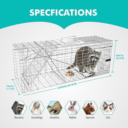 Live Animal Cage Trap, 24" x 7" x 8" Humane Squirrel Trap, Silver | Galvanized Iron, Easy to Set & Release, Folding Animal Trap with Handle for Squirrels, Rabbits, Stray Cats and Rodent in Kuwait