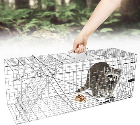 Live Animal Cage Trap, 24" x 7" x 8" Humane Squirrel Trap, Silver | Galvanized Iron, Easy to Set & Release, Folding Animal Trap with Handle for Squirrels, Rabbits, Stray Cats and Rodent in Kuwait