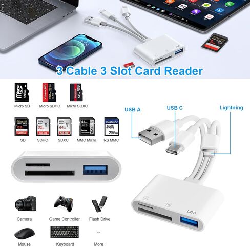SD Card Reader for iPhone iPad Mac, 3 in 1 Memory SD Card Adapter, USB C & Lightning & USB-A Digital Camera Adapter to iPhone with SD/MicroSD/USB OTG Slots, High-Speed Plug & Play for Computer Laptop in Saudi Arabia
