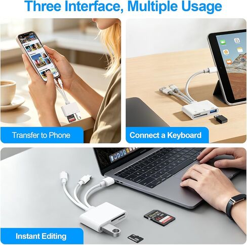 SD Card Reader for iPhone iPad Mac, 3 in 1 Memory SD Card Adapter, USB C & Lightning & USB-A Digital Camera Adapter to iPhone with SD/MicroSD/USB OTG Slots, High-Speed Plug & Play for Computer Laptop in Saudi Arabia