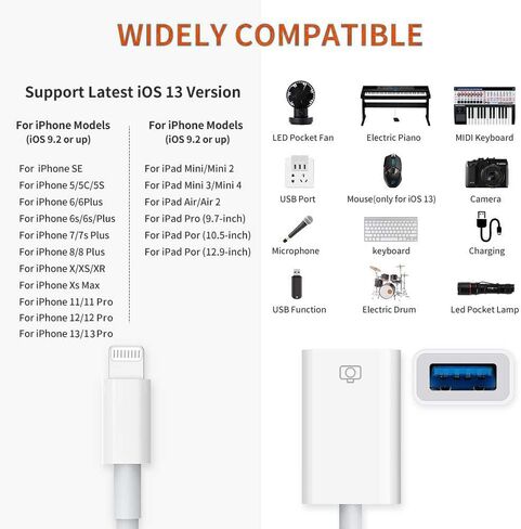 Lightning to USB Camera Adapter Apple MFi Certified Lightning Female USB 3.0 OTG Cable Adapter Compatible with iPhone/iPad, Supports Connect Camera, Card Reader, USB Flash Drive, MIDI Keyboard, Mouse in Kuwait