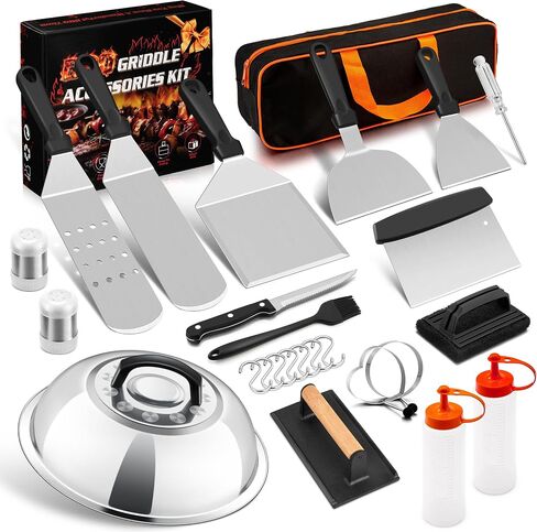 HaSteeL 28Pcs Griddle Accessories Kit, Stainless Steel Flat Top Grill Accessory Tools Set, Metal Spatulas, Scraper Choppers, Melting Domes, Cast Iron Burger Press, for Teppanyaki Tabletop Hibachi BBQ in Saudi Arabia