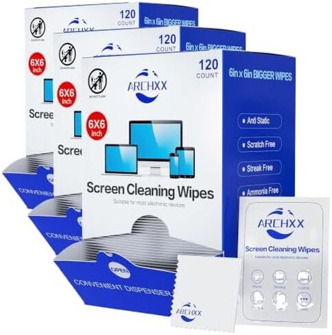 ARCHXX Screen Wipes for Electronics, 120 Count 6"x6" Pre-Moistened Screen Cleaner for Screens, Computer,Laptop,Tablet,Phone,Monitor,Car Screen Cleaner, Lens Wipes Individually Wrapped in Kuwait