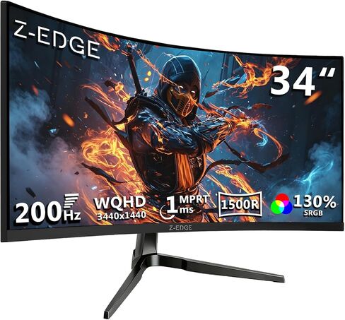 Z-Edge 34 inch Curved Gaming Monitor, WQHD 1440P 200Hz 144Hz PC Monitor | MPRT 1ms, 21:9 Aspect Ratio, 1500R, 16.7M Colors, 4000:1 Contrast, UG34 Frameless,Eye Care, 2xDP,2xHDMI,for Gaming,Business in Kuwait