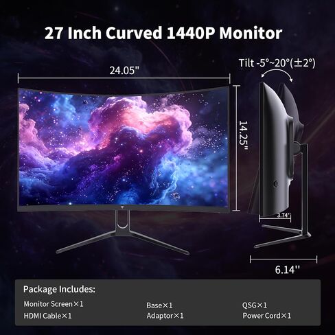 KTC H27S5C 27 Inch Curved Gaming Monitor, 1440P QHD 144Hz Monitor, HDR 400 | 2560x1440 120Hz Curve Monitors, 1500R HVA Panel, Adaptive Sync, 400nits, 129%sRGB, HDMI DP, Eye Care VESA 100x100 Mount in Kuwait