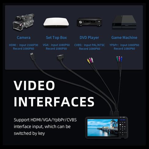 Video Recorder 1080P 60FPS USB2.0 with 7" Screen, DVI/HDMI/CVBS/VGA/YPBPR Capture from VCR, DVD, VHS Tapes, Camcorders, Hi8 - No Computer Required in Saudi Arabia