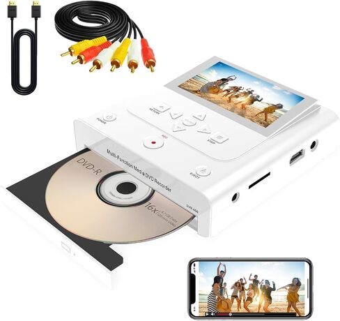 VHS to DVD Recorder, VCR to DVD Recorder-Convert Photos and Videos Between VHS,VCR,Memory Card，DVD and USB. Phone can use a Free App to Burn Videos and Photos, Also has TV Recording Function (White) in Saudi Arabia
