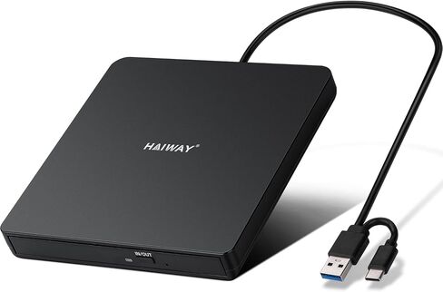 Haiway External CD DVD Drive, USB 3.0 Type-C CD Burner for Laptop PC Black | Plug & play, High Speed, Slim CD ROM Reader Writer, Read & burn CD/DVD, for Laptop Desktop PC, for Windows, macOS and Linux in Saudi Arabia