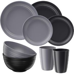 Quatish 16 Pcs Plates and Bowls Sets, Plastic Dinnerware Sets for 4 ，Grey | Unbreakable,Reusable,Dish Set for Camping，Dishwasher Microwave Safe，Outdoor Kitchen and Apartment Dinning RV Essentials in Saudi Arabia