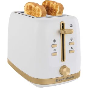 West Bend Timeless 2-Slice Toaster with 7 Browning Levels, Bagel/Waffle/Defrost Settings, High-Lift Lever, Anti-Jam, Easy-Clean Crumb Tray, 2-Slice, White/Gold in Kuwait