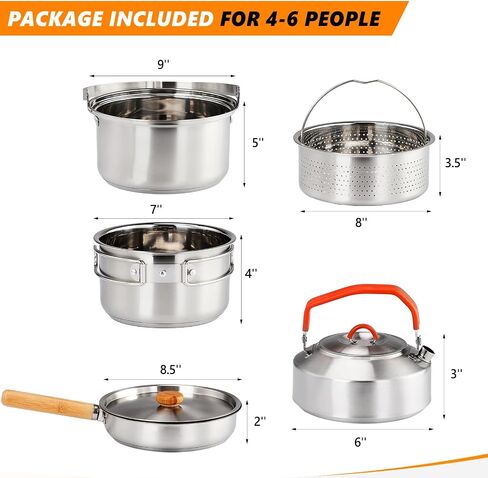 طقم أواني طهي روفسون 6 قطع، وعاء ستانلس ستيل 304 خفيف الوزن غير لاصق، غلاية ودوران مع حقيبة حمل للسفر لفتح النار، والتخييم، والطهي في الهواء الطلق لـ 4-6 in Kuwait