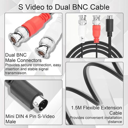 Mini 4 Pin S Video to Dual BNC Male Cable 1.5M | S-Video 4P Male to 2 BNC Connector Video Adapter Cable for CCTV Camera, DVR, Monitor, Capture Card and Video Equipment in Saudi Arabia