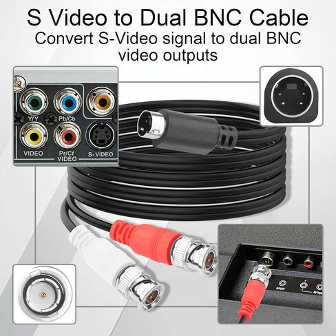 Mini 4 Pin S Video to Dual BNC Male Cable 1.5M | S-Video 4P Male to 2 BNC Connector Video Adapter Cable for CCTV Camera, DVR, Monitor, Capture Card and Video Equipment in Saudi Arabia