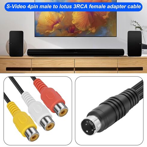 MEIRIYFA 4 Pin S-Video to 3 RCA AV Female Cable Composite Wire, 3 RCA to 4 Pin Male Mini DIN S-Video Extension Cord for TV/HDTV CD Player VCR DVR DVD Player PC Laptop (0.3M) (RCA Female) in Saudi Arabia
