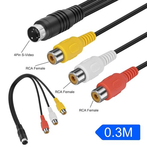MEIRIYFA 4 Pin S-Video to 3 RCA AV Female Cable Composite Wire, 3 RCA to 4 Pin Male Mini DIN S-Video Extension Cord for TV/HDTV CD Player VCR DVR DVD Player PC Laptop (0.3M) (RCA Female) in Saudi Arabia
