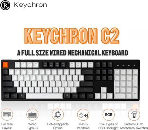 Keychron C2 Full Size 104 Keys USB Type-C Wired Mechanical Gaming Keyboard for Mac Layout, Gateron G Pro Red Switch/RGB Backlight/Double-Shot ABS keycaps Computer Keyboard for Windows Laptop PC in Saudi Arabia