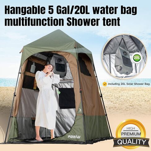 PORAYHUT Camping Shower Tent, 86.6" Extra Tall Privacy Tent for Outdoor Toilet & Changing,30s Instant Setup Portable Room with 20L Solar Shower Bag,UV Protection,Heavy Duty for Beach Hiking in Kuwait