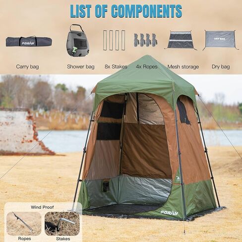 PORAYHUT Camping Shower Tent, 86.6" Extra Tall Privacy Tent for Outdoor Toilet & Changing,30s Instant Setup Portable Room with 20L Solar Shower Bag,UV Protection,Heavy Duty for Beach Hiking in Kuwait