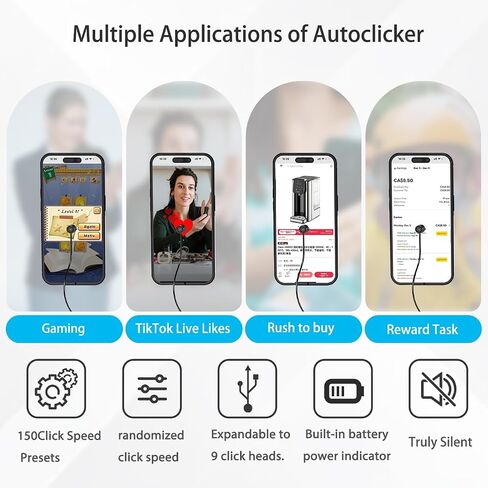 Auto Clicker Tapper for TikTok iPhone Expandable up to 9 Tapping Clips | Rechargeable Screen Tapper, 150 Adjustable Speeds & Random Mode, for Live Likes, Games, Works with iPhone iPad & Android in Saudi Arabia