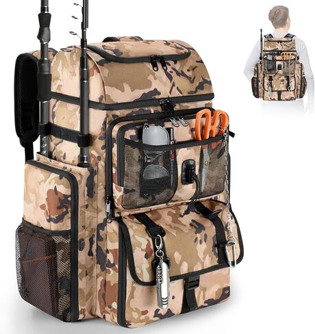 VJI 52L Large Fishing Tackle Backpack with Rod Holders, Khaki Camo | 900D Water-resistant, 52L Large Fishing Tackle Bag, for Fishing, Camping, Hiking in Saudi Arabia