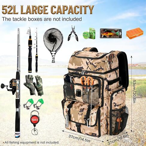 VJI 52L Large Fishing Tackle Backpack with Rod Holders, Khaki Camo | 900D Water-resistant, 52L Large Fishing Tackle Bag, for Fishing, Camping, Hiking in Saudi Arabia