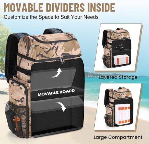 VJI 52L Large Fishing Tackle Backpack with Rod Holders, Khaki Camo | 900D Water-resistant, 52L Large Fishing Tackle Bag, for Fishing, Camping, Hiking in Saudi Arabia
