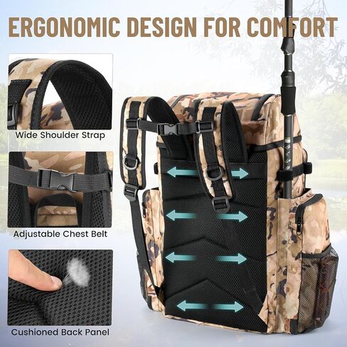 VJI 52L Large Fishing Tackle Backpack with Rod Holders, Khaki Camo | 900D Water-resistant, 52L Large Fishing Tackle Bag, for Fishing, Camping, Hiking in Saudi Arabia