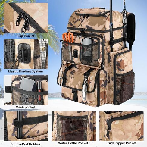 VJI 52L Large Fishing Tackle Backpack with Rod Holders, Khaki Camo | 900D Water-resistant, 52L Large Fishing Tackle Bag, for Fishing, Camping, Hiking in Saudi Arabia