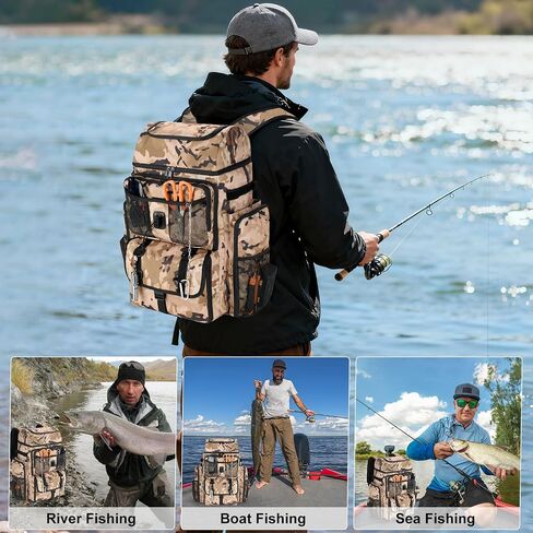 VJI 52L Large Fishing Tackle Backpack with Rod Holders, Khaki Camo | 900D Water-resistant, 52L Large Fishing Tackle Bag, for Fishing, Camping, Hiking in Saudi Arabia