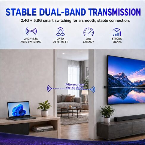 Wireless HDMI Transmitter & Receiver Kit, Plug and Play 1080P | 4K Decoding, 1080P@60Hz Output, Low Latency Dual Band, 98 ft, No WiFi Needed for Laptop to TV & Projector in Kuwait