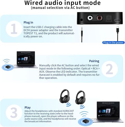 Auracast Broadcast Transmitter with LC3 Low Latency Audio Codec, Bluetooth & Wired Dual Input Mode, Optical Digital, RCA, AUX, USB-C Audio Input, Wireless Audio Sender for TV, Projector, Home Stereo in Saudi Arabia