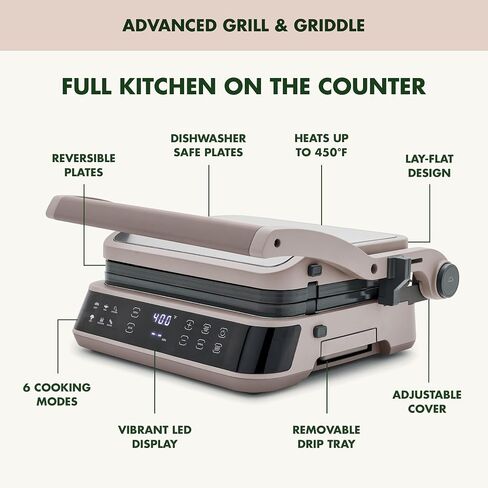 GreenPan Advanced Grill & Griddle, PFAS-Free Ceramic Nonstick, Clay | 5-in-1 Grill & Griddle with Reversible Plates, Adjustable Cover and Open Flat Surface, 6 Cooking Modes, Easy Clean in Saudi Arabia